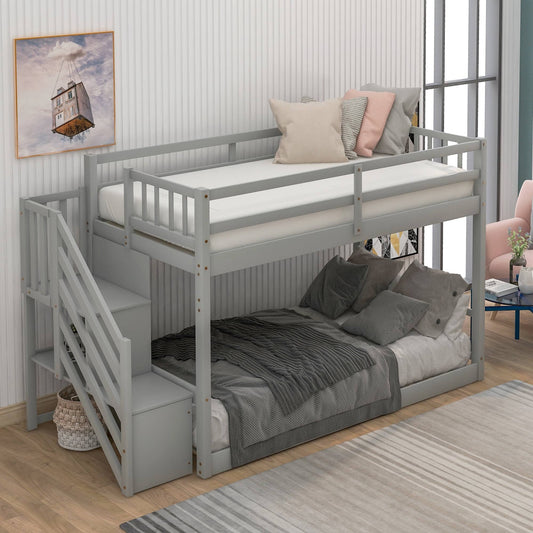 Wood Twin Over Twin Floor Bunk Bed With Stairs For Kids, White