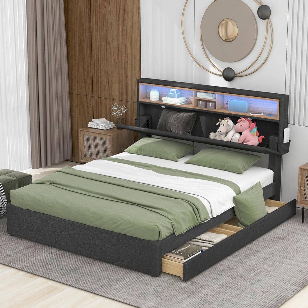 Wood Frame Queen Size Upholstered Platform Bed With Adjustable Headboard, Led, Usb Charging And 2-Drawers