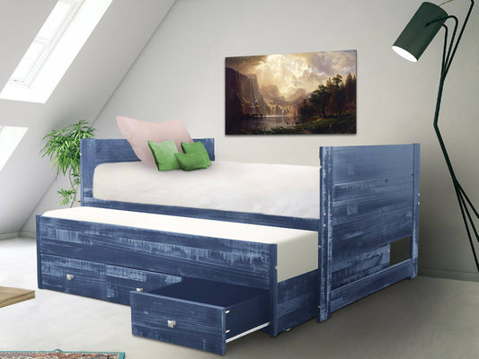 All In One Twin Bed With Twin Trundle And 3 Built In Drawers, Weathered Gray