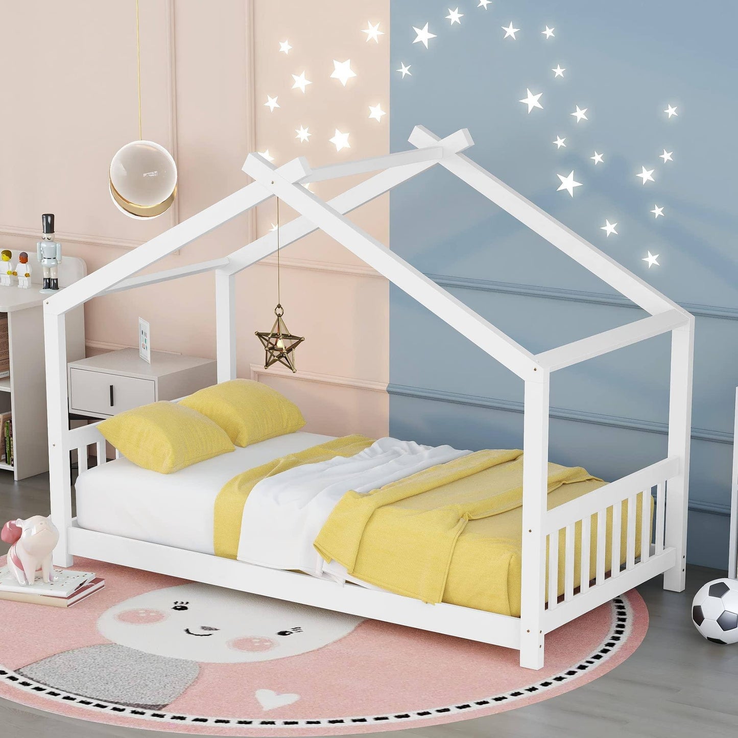 Bright Designs Twin House Bed For Kids, Floor Bed Frame Twin With Headboard And Footboard, Wooden Twin Kids Bed Montessori Floor Bed For