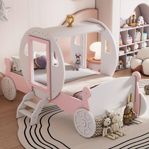 And Pink Twin Size Wood Princess Carriage-Shaped Kids Bed Platform Bed With Crown And Ladder