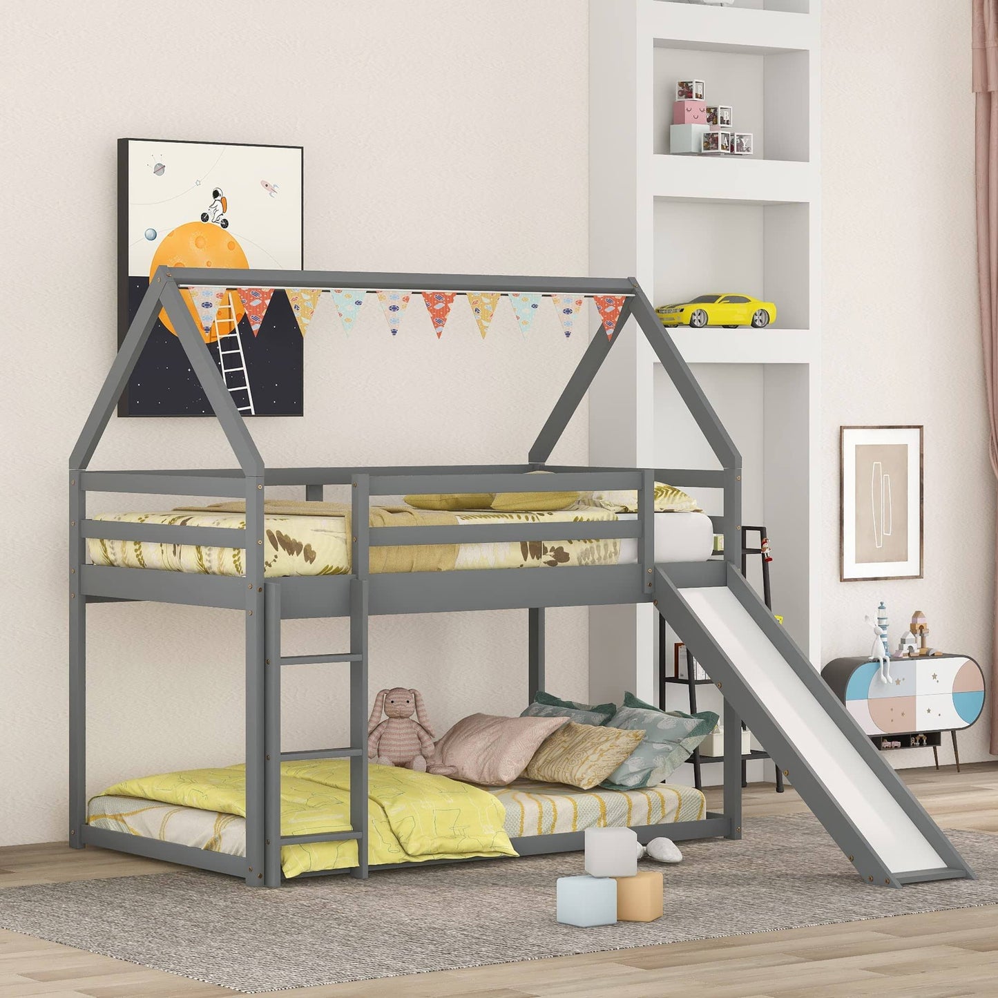 Bunk Beds With Slide Twin Over Twin Low Bunk Bed Wood Frame Floor Bunkbed For Toddlers Kids Boys Girls, Gray