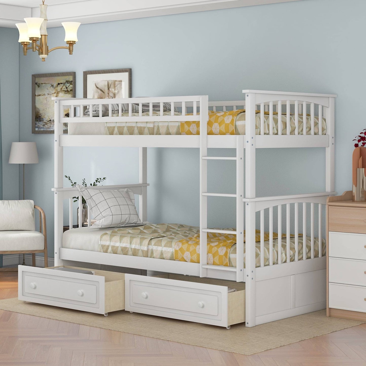 Twin Over Twin Solid Wood Bunk Bed With Trundle, White