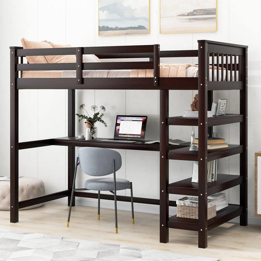 Twin Size Loft Bed With Built-In Desk And Shelves For Kids Teens Adults, Espresso, Size: Full