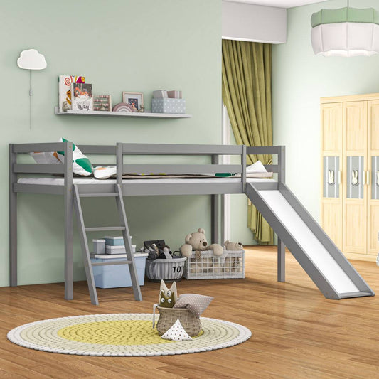 Twin Low Loft Bed With Slide And Ladder For Kids/Toddlers, Wood Sturdy Low Loft Bed, Easy To Assemble, Saving Space,No Box Spring Needed