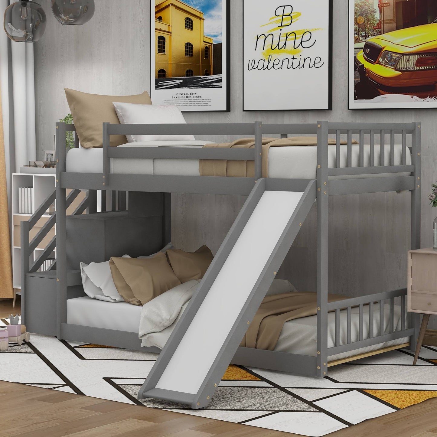 Twin Over Twin Bunk Bed With Slide And Stairway For Kids, Gray