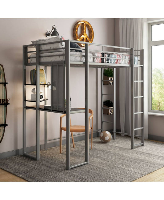 Alix Full Metal Loft Bed With Desk - Silver