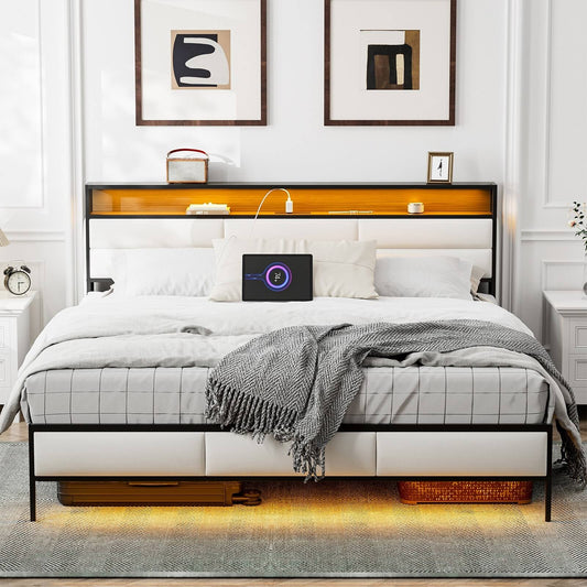 Carmel Bed Frame With Charging Station & Led Lights - White-Queen Size