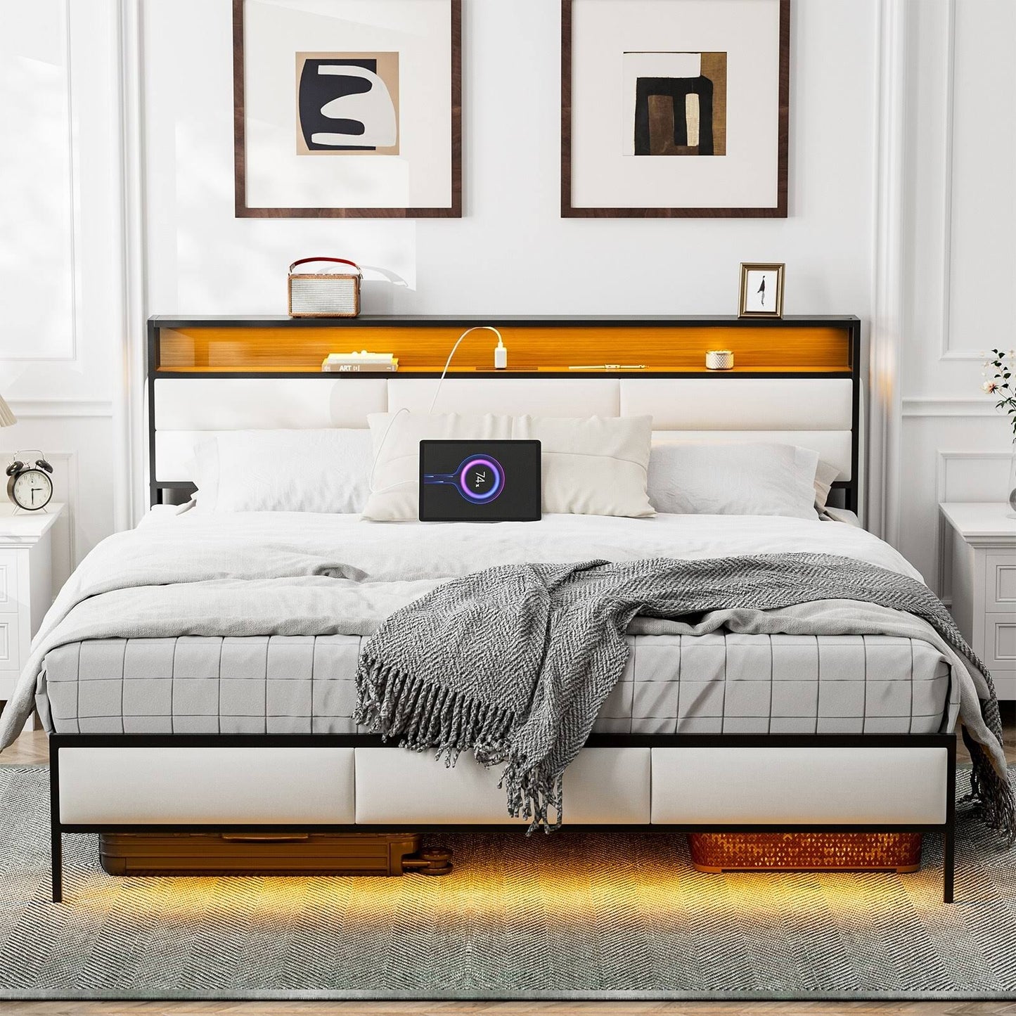 Carmel Bed Frame With Charging Station & Led Lights - Grey-Full Size