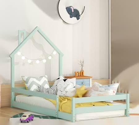 Twin Size Floor Bed With House-Shaped Headboard And Fence Twin Montessori Floor Bed Frame With Fence Twin House Bed Low Floor Bed For Kids,