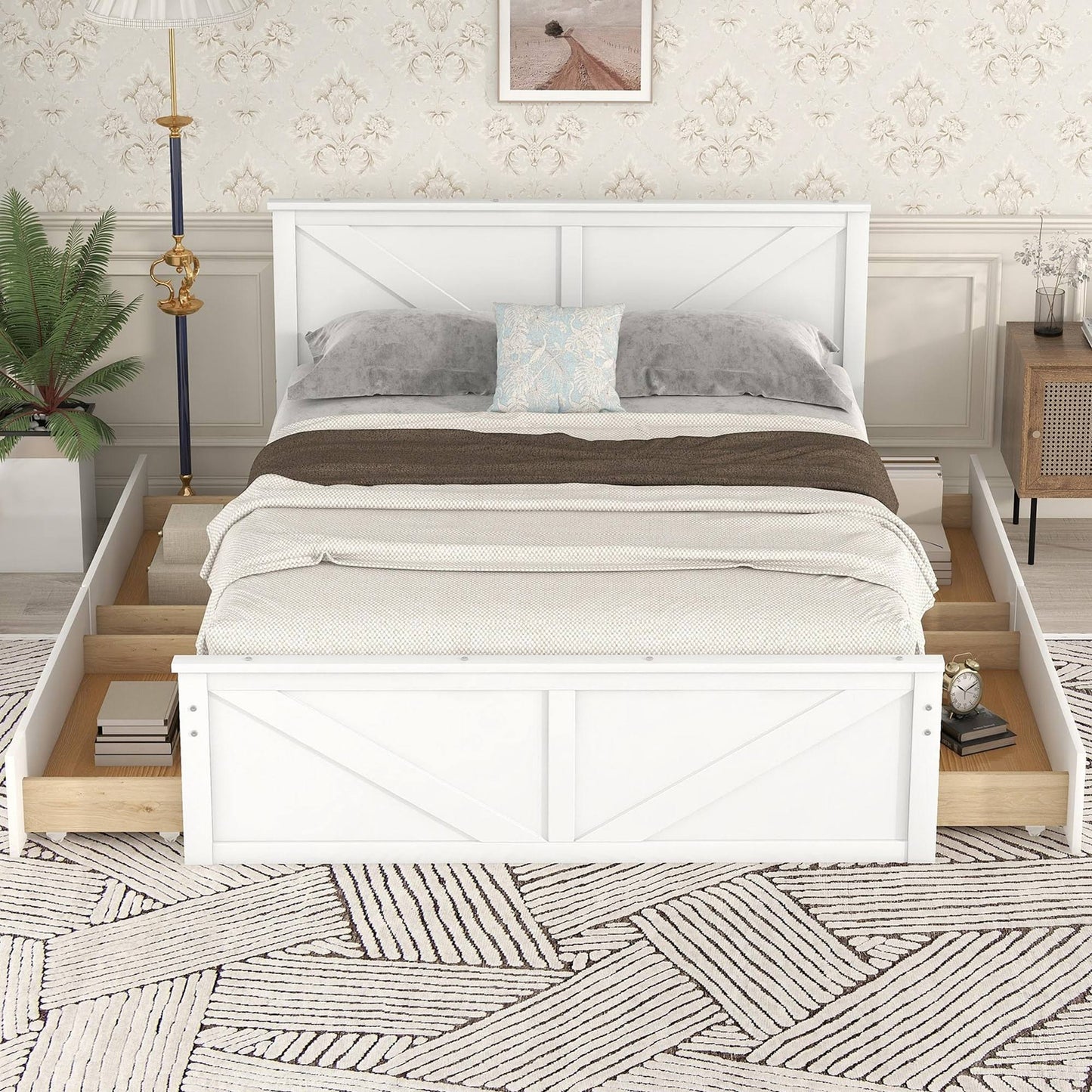 Wooden Platform Bed With 4 Storage Drawers & Support Legs, White