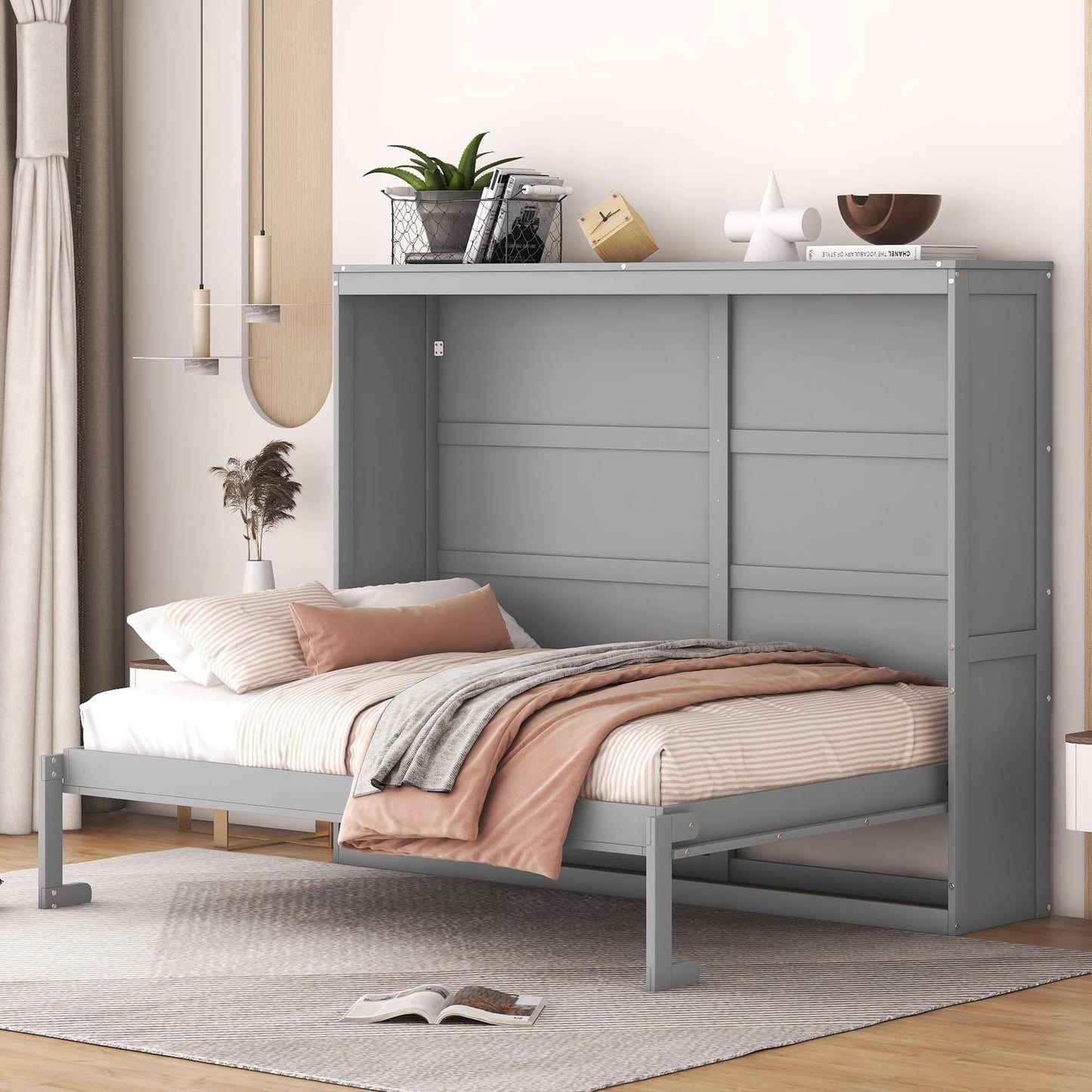 Bright Designs Full Size Murphy Bed Wall Bed Space-Saving For Multipurpose Guest Room Or Home Office, Gray, Hjhlp664aae010