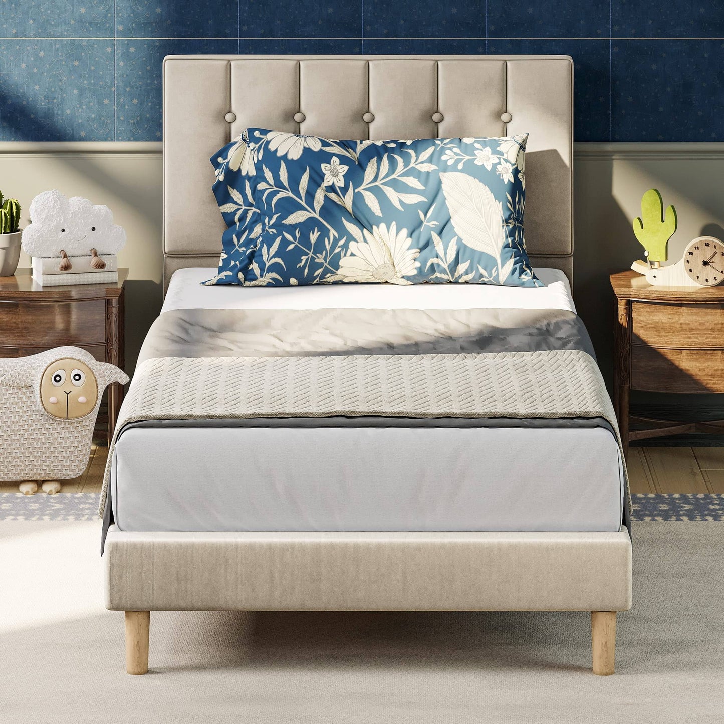 Twin Bed Frames, Velvet Upholstered Platform Bed Frame With Headboard And Strong Wooden Slats, No Box Spring Needed/Noise-Free/Easy Assembly