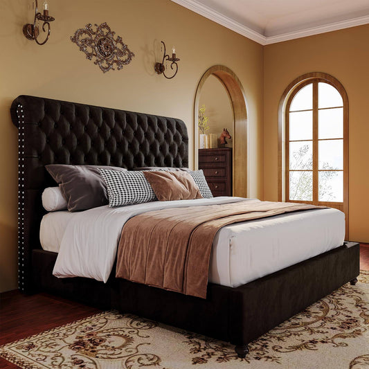 Bed Frame King Size Low Profile Velvet Upholstered Sleigh Bed Deep Button Rolled Edge Tufted Headboard, Wood Slats Support/No Box Spring