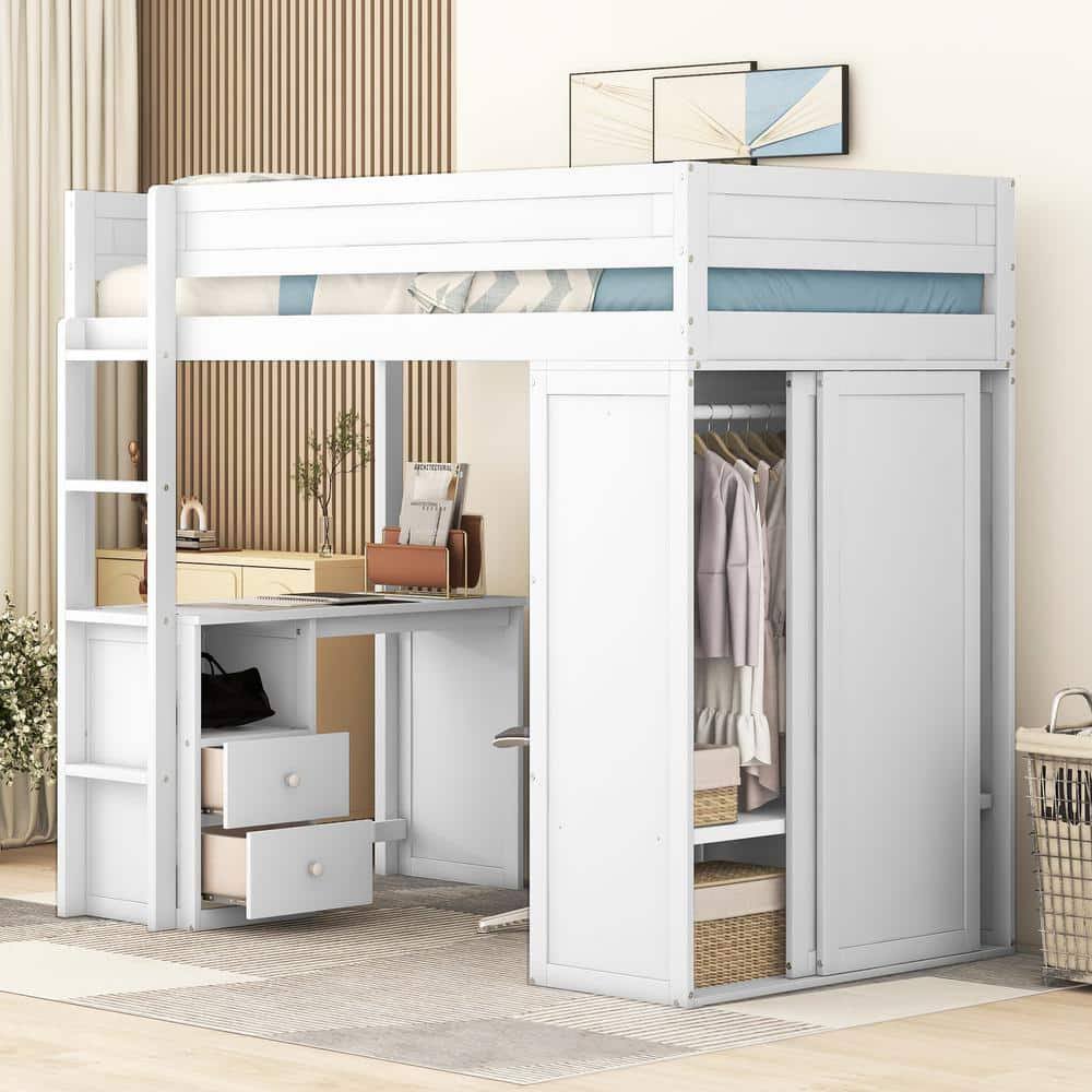 Twin Size Wood Loft Bed With Wardrobe, 2-Drawer Desk And Cabinet