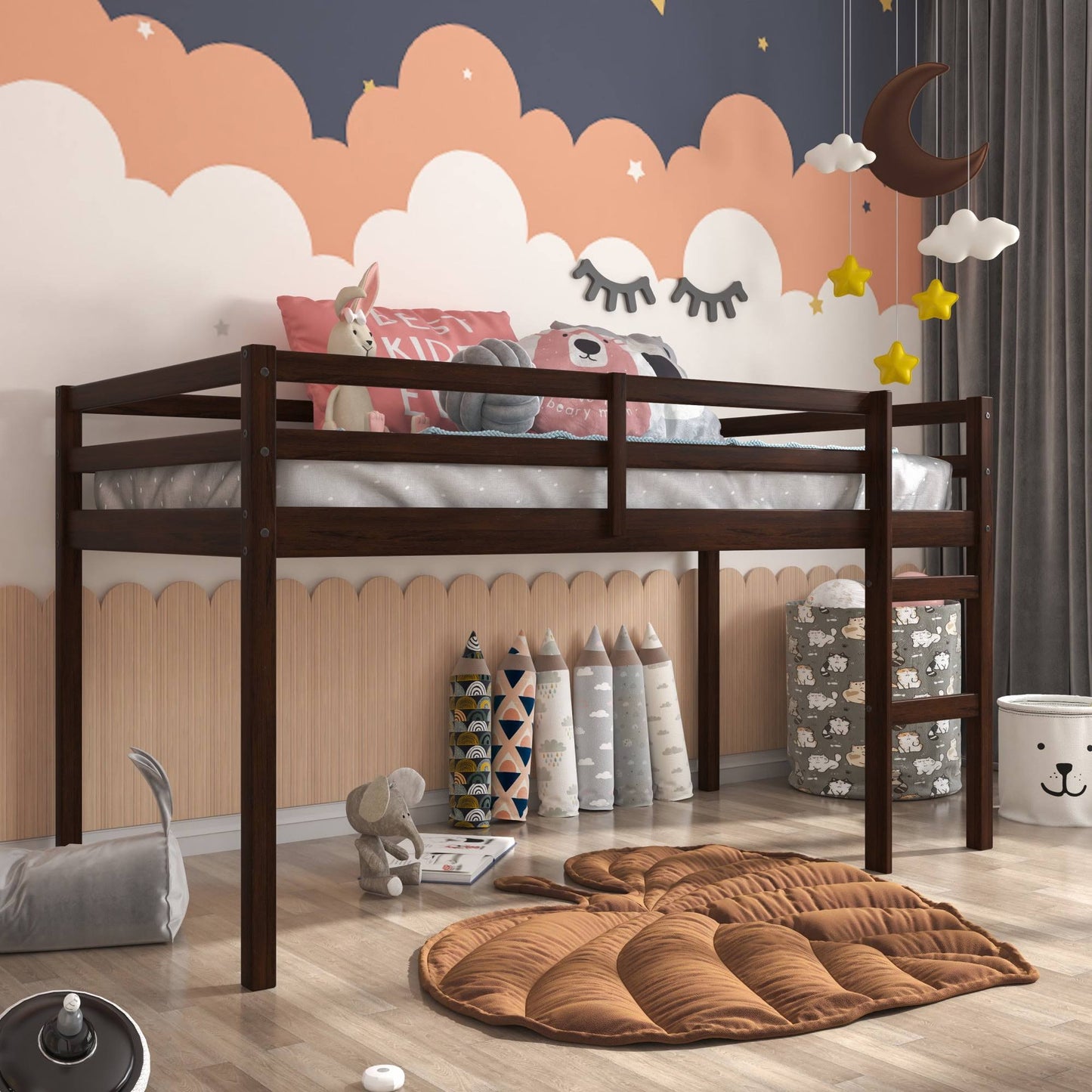 Wood Twin Junior Loft Bunk Bed, White, Twin Loft Bed