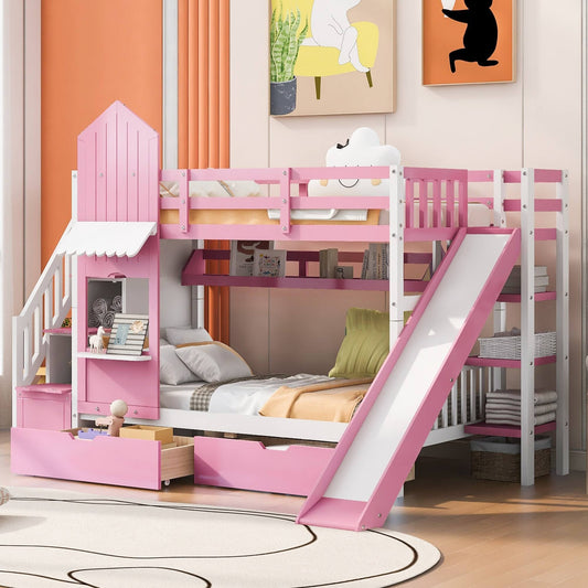 Style Bunk Bed With 2 Drawers, 3 Shelves And Slide Pink - Twin