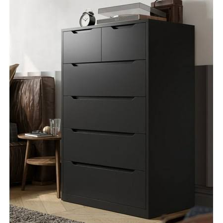 Black Tall Dresser Wood 6 Drawer Dressers For Bedroom Wood Chest Of Drawers With Smooth Metal Rail Large Dresser Modern Storage Cabinet For