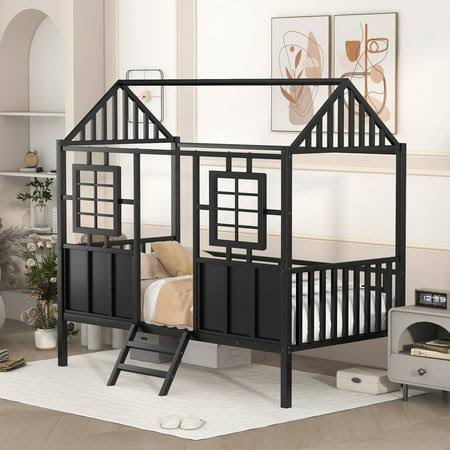 Twin Low Loft Bed With House-Shaped Roof And Window For Kids, White