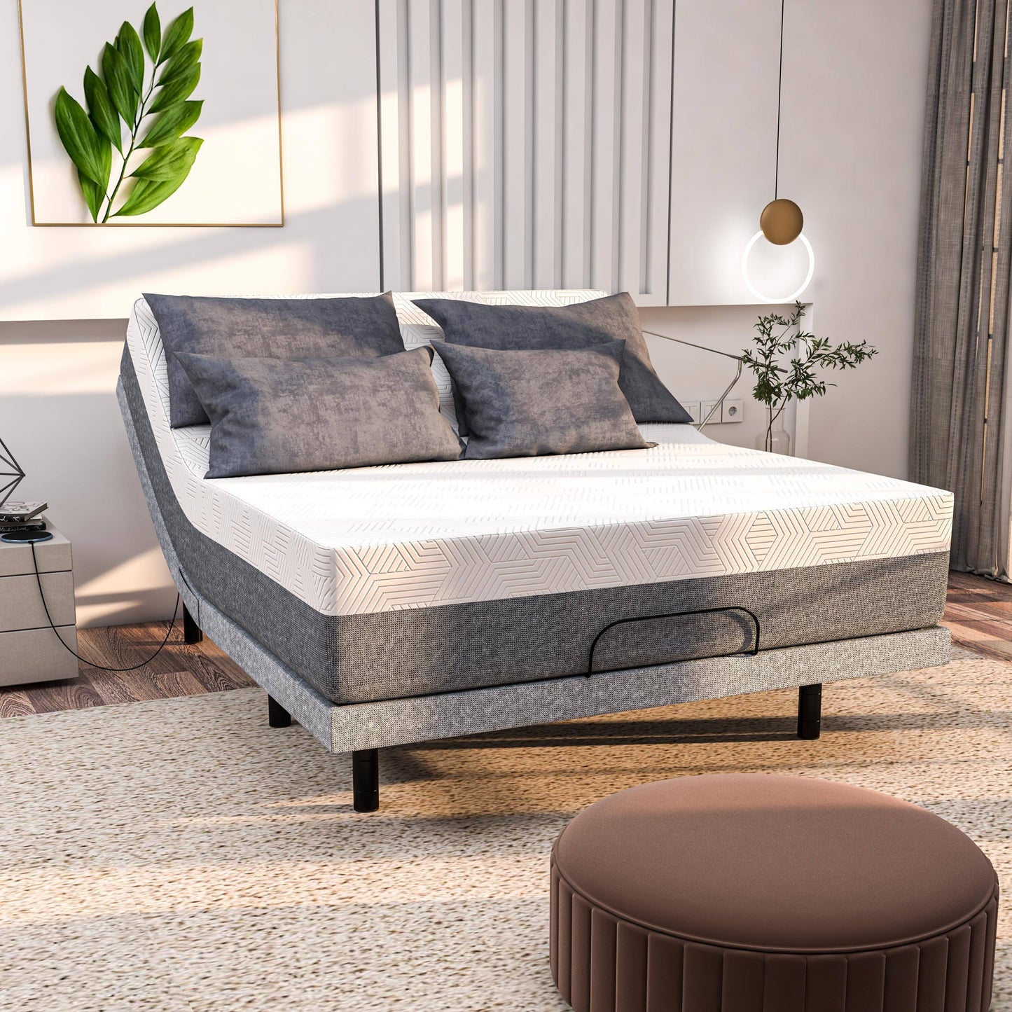 Adjustable Bed Base With 12-Inch Hybrid Mattress, Dual Massage, Usb Ports, App Control, Underbed Light, Remote - Split King