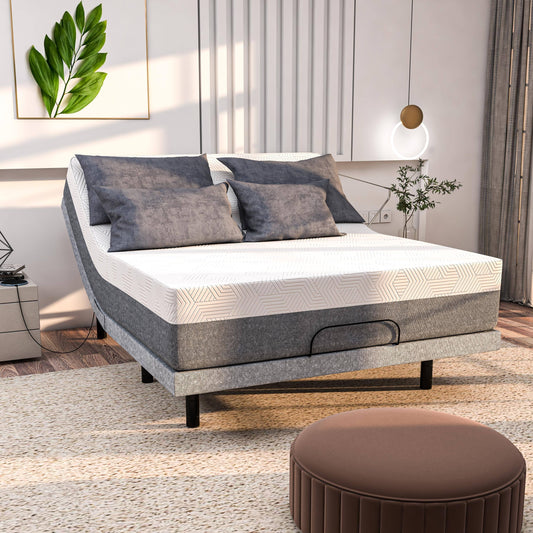 Adjustable Bed Base With 12-Inch Hybrid Mattress, Dual Massage, Usb Ports, App Control, Underbed Light, Remote - Split King