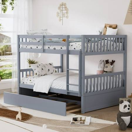 Wood Full Over Full Bunk Bed With Trundle, Convertible To 2 Full Size Platform Bed, Kids Bunk Bed With Ladder And Safety Rails,No Box Spring