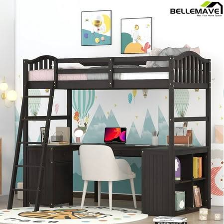 Twin Size High Loft Bed With Desk And Drawers For Kids,Wooden Loft Bed Frame With Bookcase Shelves And Storage Cabinet For Kids,Teens,Adults