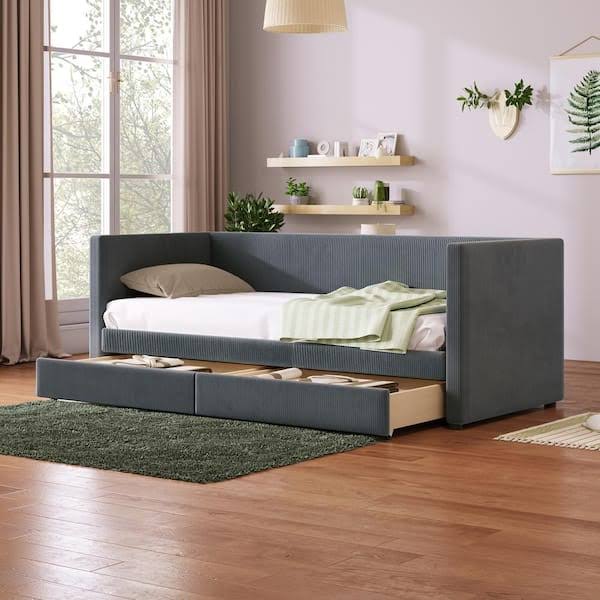 Twin Size Upholstered Wood Daybed With 2-Drawers