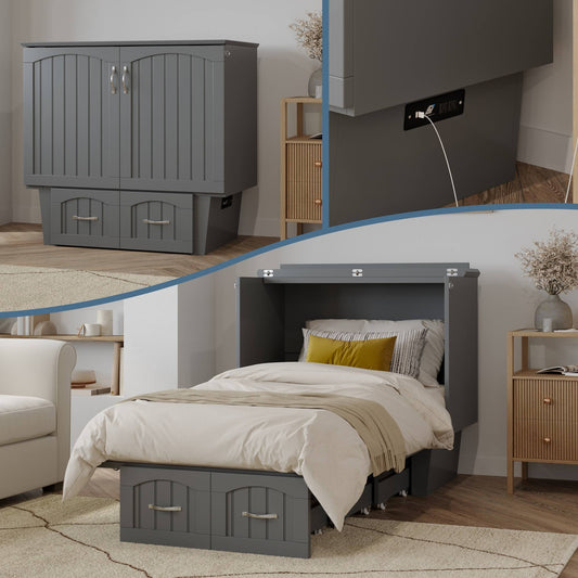 Sydney Twin Wood Murphy Bed Chest With Charging Station - Grey