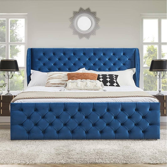 Velvet Upholstered Wingback Button Tufted Tall Headboard Bed Blue - Queen