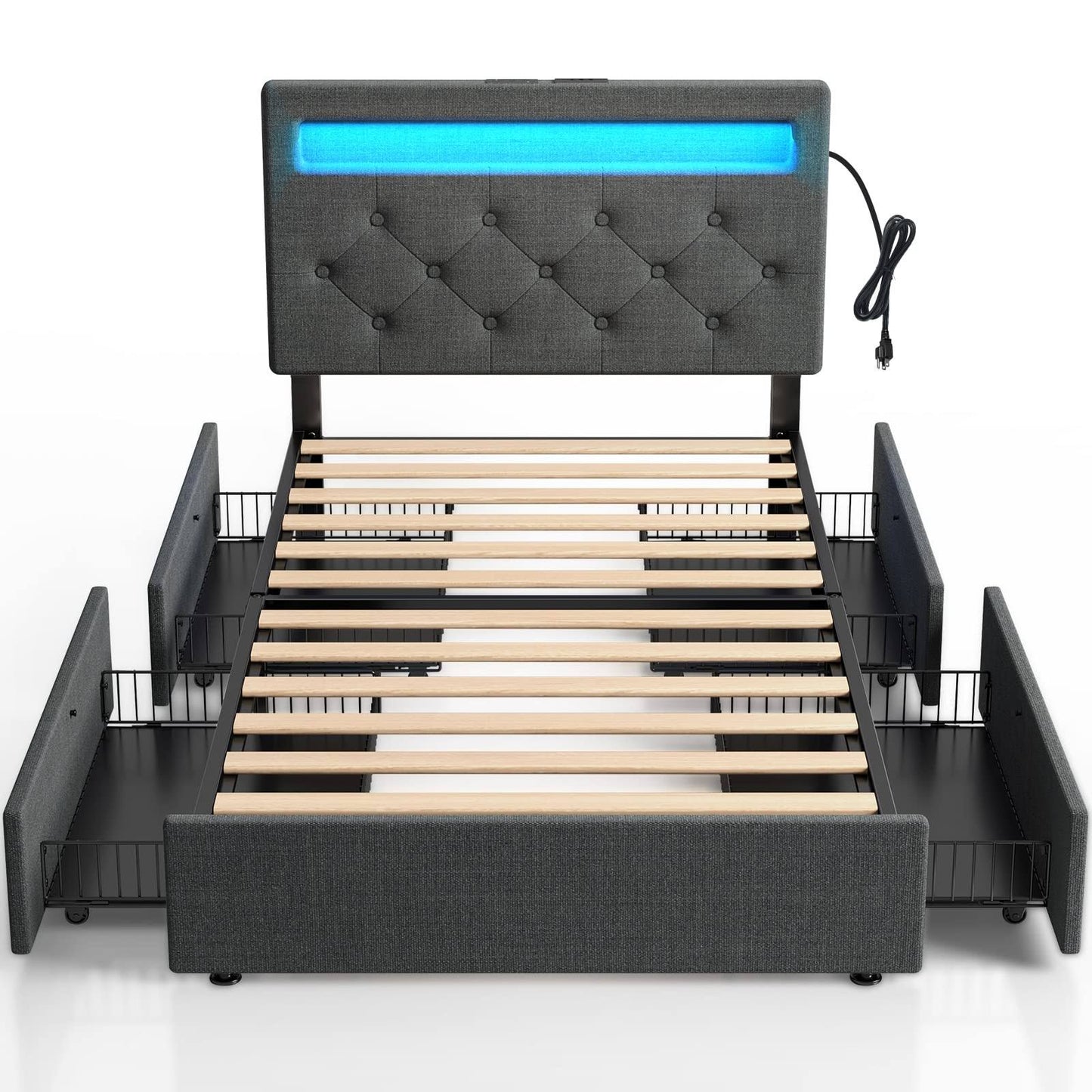 Twin Size Bed Frame With Charging Station And Led Lights, Upholstered Bed With Adjustable Headboard And 4 Storage Draw