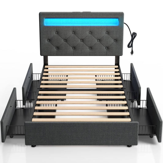 Twin Size Bed Frame With Charging Station And Led Lights, Upholstered Bed With Adjustable Headboard And 4 Storage Draw