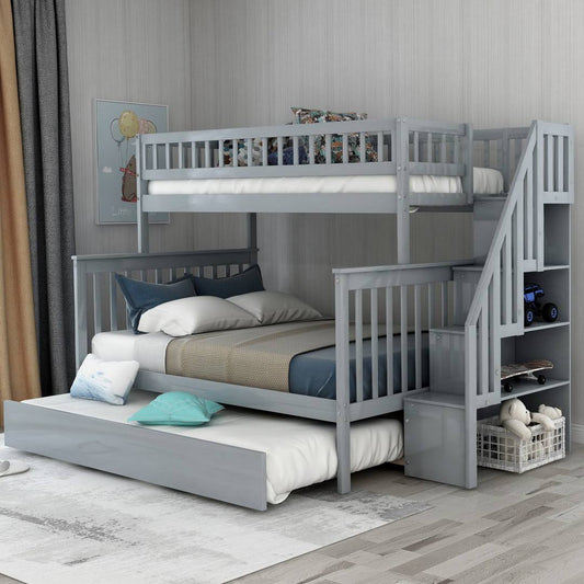 Twin Over Full Bunk Bed With Trundle And Shelves  Bed Frame Color: Light Gray