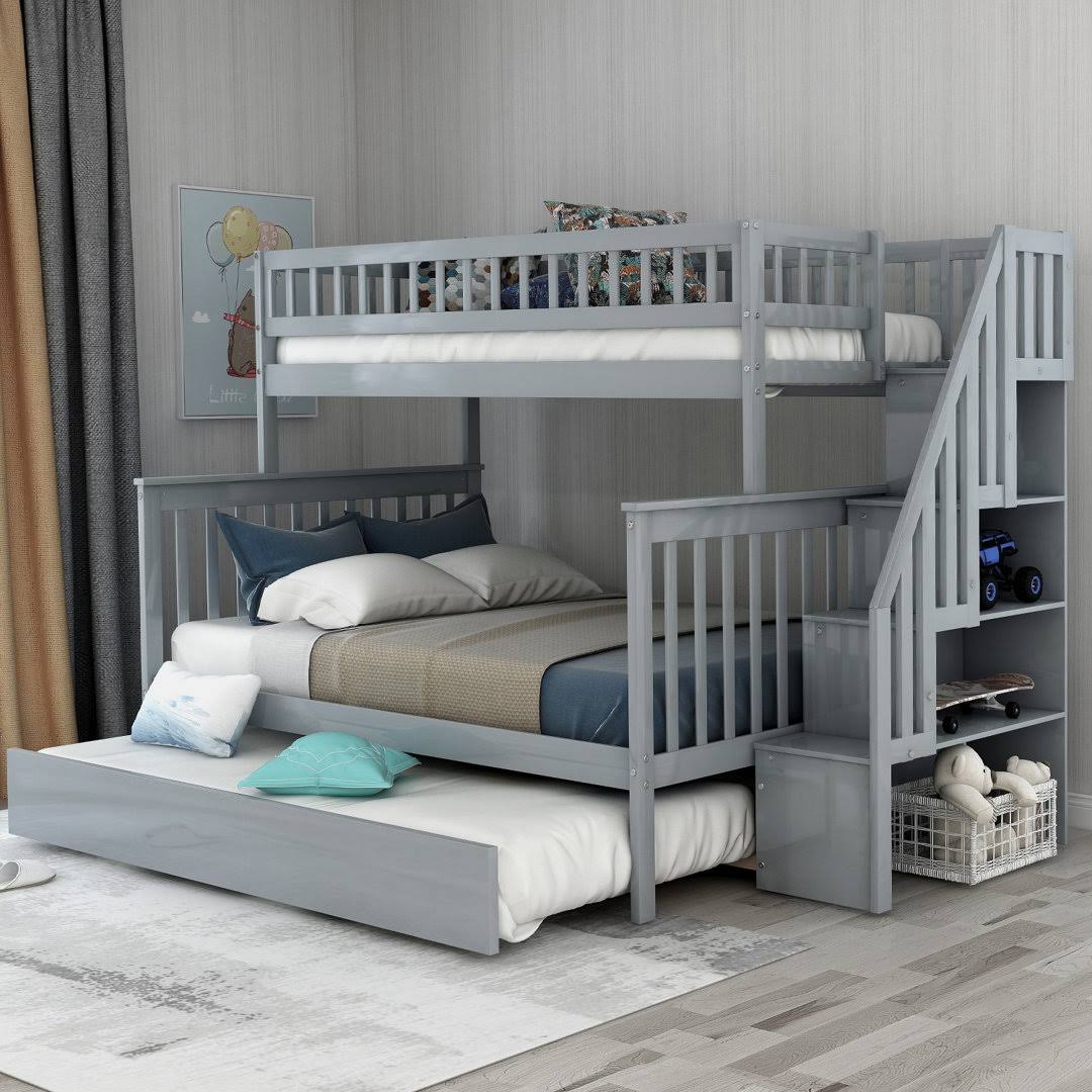 Twin Over Full Solid Wood Standard Bunk Bed With Bookcase With Trundle And With Shelves  Bed Frame Color: White