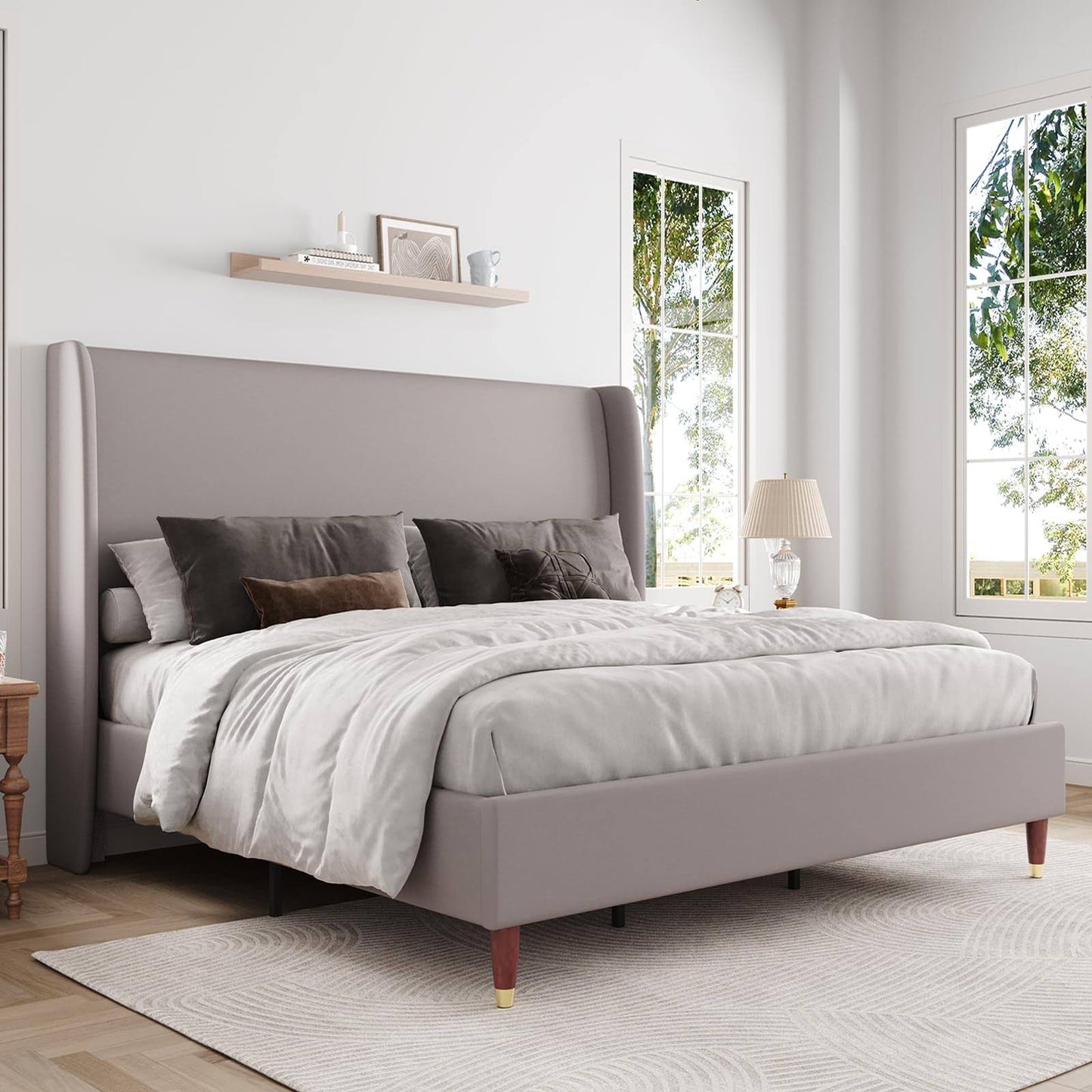 Upholstered Bed Frame Queen Size Platform Bed With Wingback Headboard/No Box Spring Needed/Easy Assembly/Light Grey