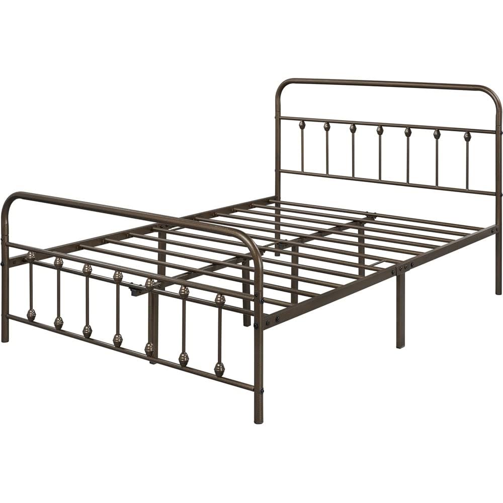 Classic Iron Platform Bed With High Headboard And Footboard Strong Metal-Framed Bed - Antique Gold - King