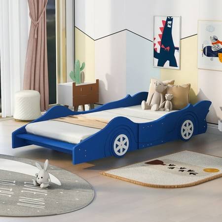 Twin Size Platform Bed,Wood Race Car-Shaped Platform Bed Frame For Kids Child,Blue