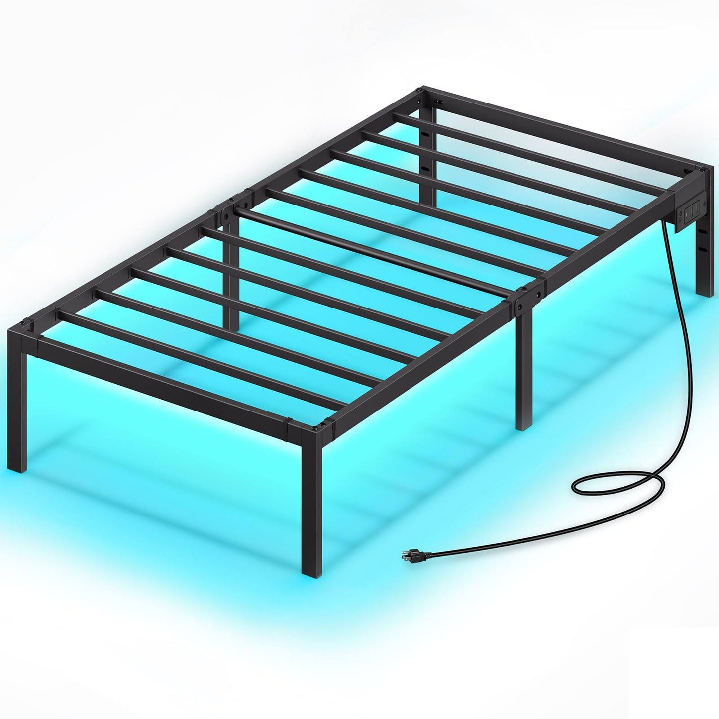 Bed Frame With Usb Charging Station, Twin Bed Frame With Led Lights, Platform Bed Frame With Heavy Duty Steel Slats, 14 Storage Space