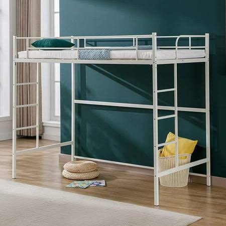 Twin Size Metal Loft Bed With Desk, 2 Storage Shelves, Safety Ladder, And Guard Rail, Space-Saving Design, No Box Spring Needed, Navy Blue,