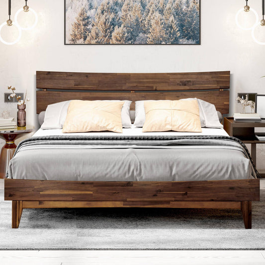 Aurora 14 Inch Wood Platform Bed, Bed Frame With Headboard, Queen Size Frame, Chocolate