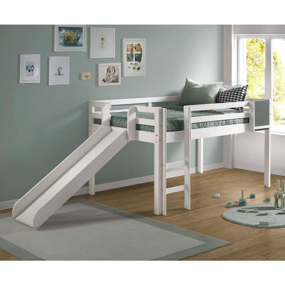 Twin Size Loft Bed With Slide And Ladder, Kids Low Loft Bed Color White, Size Twin