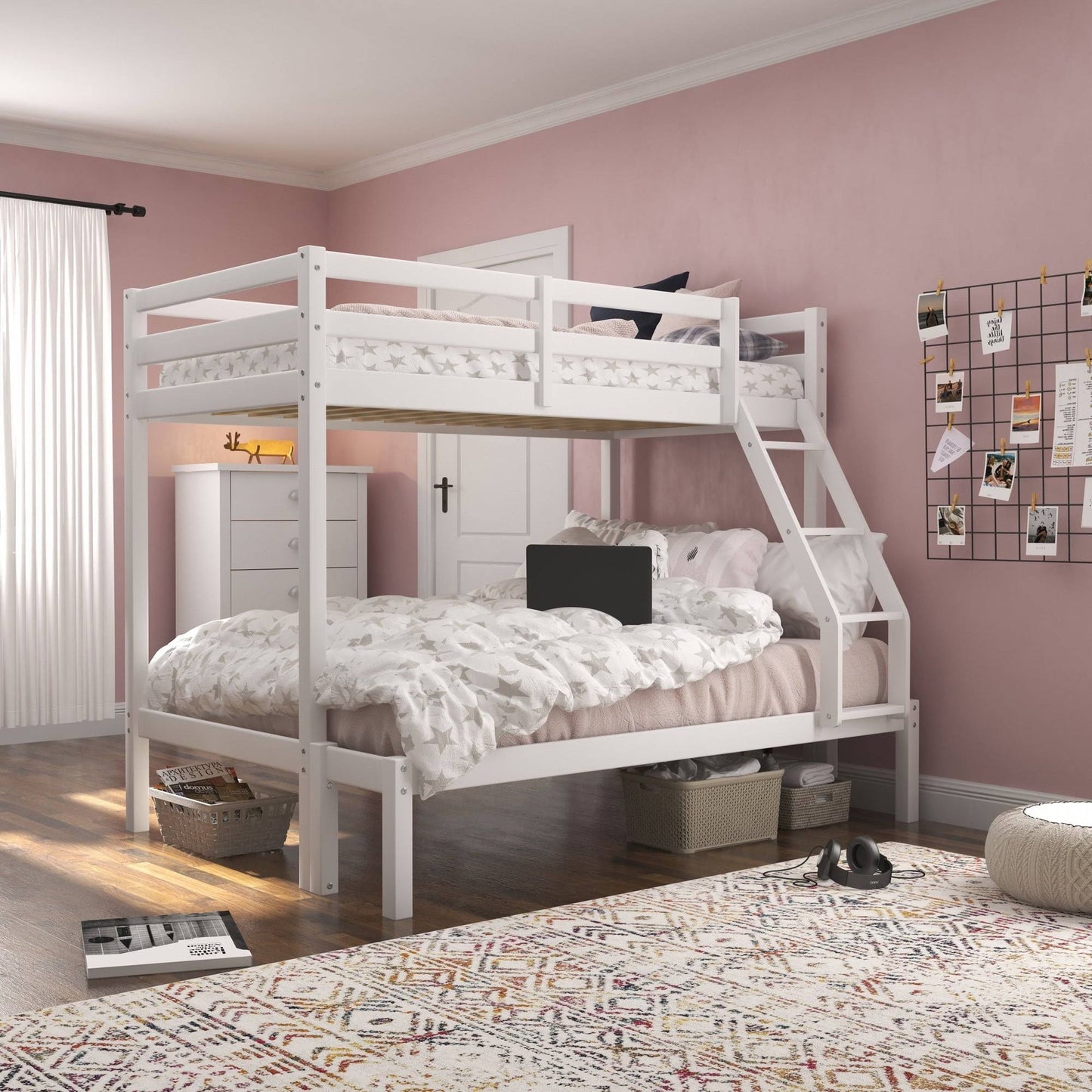 Wood Twin Over Twin Convertible Bunk Bed, Light Pink