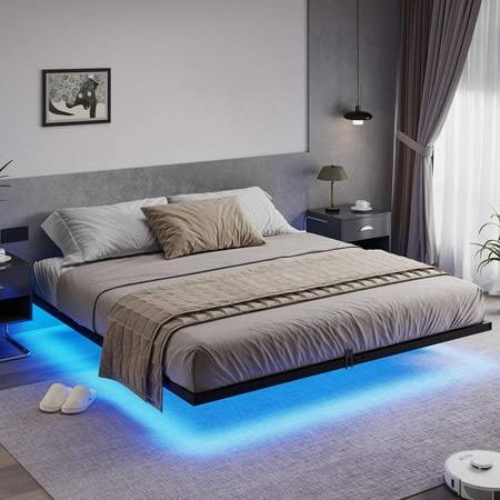 Bed Frame King Size With Led Lights Metal Platform King Bed No Box Spring Needed Easy To Assemble(King Size)