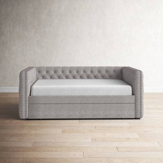 Daybed With Trundle  Color: Dark Grey Linen, Size: Twin