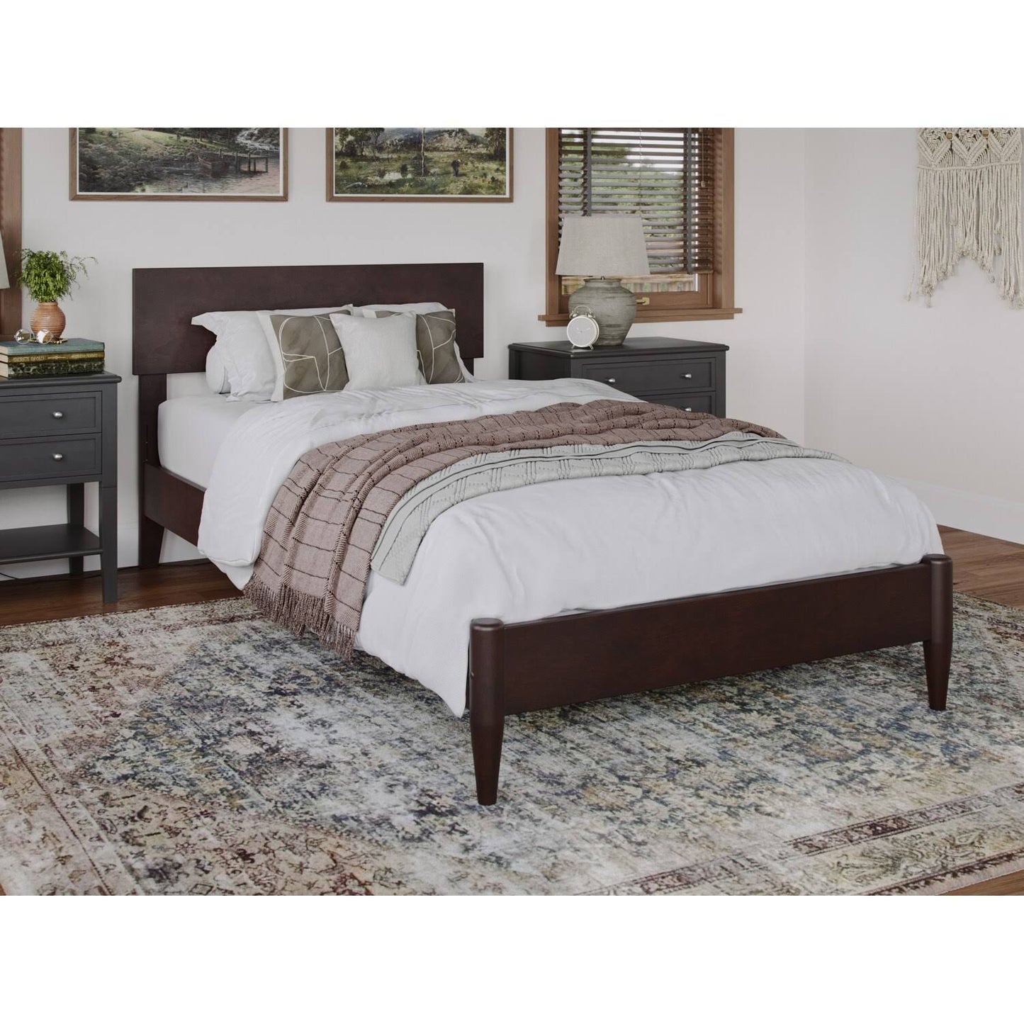 Aria Queen Modern Solid Wood Low Profile Platform Bed, Walnut