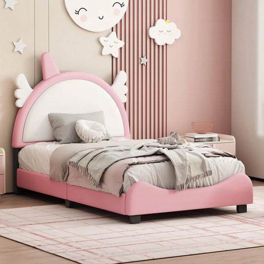 Twin Bed Frames With Headboard For Kids Girls Boys Kids Platform Bed Frame With Unicorn Shape No Noise No Spring Box Needed Easy Assembly