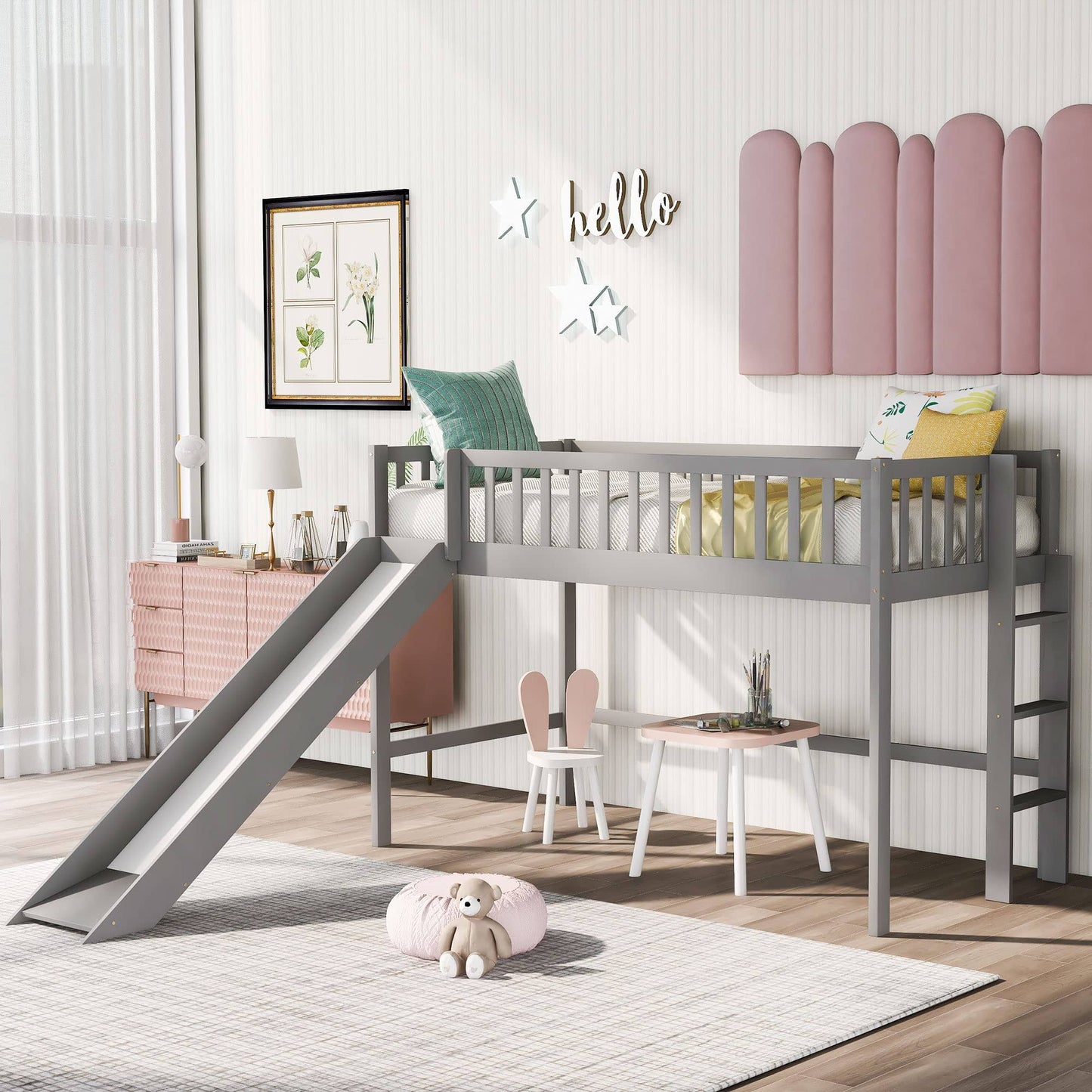 Twin Loft Bed With Slide,Wood Loft Bed Low Profile For Boys Girls, Built-In Ladder And Guard Rail,No Box Spring Needed