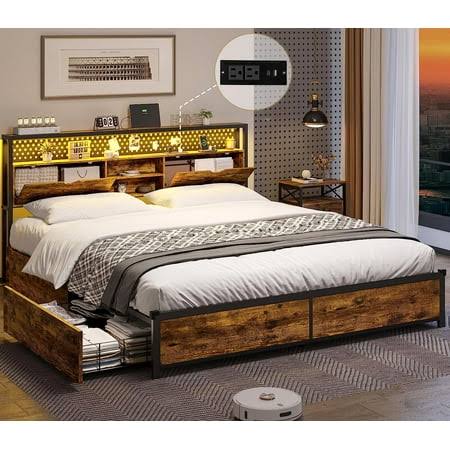 Bed Frame With Storage Drawers,Platform Bed With Type-C & Usb Charging Station, Led Bed Frame With Headboard,Heavy Duty Steel Slats Support,