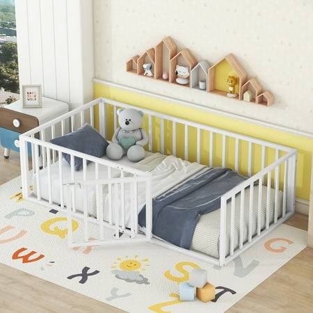 Twin Floor Bed With Fence Rails And Lockable Door Twin Metal Floor Bed For Toddler, Child, Boys, Girls Metal Bed Frame Montessori Floor Bed