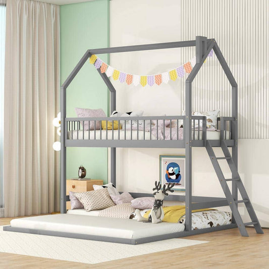 Wood Frame Twin Over Twin-Twin House Bunk Bed With Inclined Ladder And Full-Length Guardrail